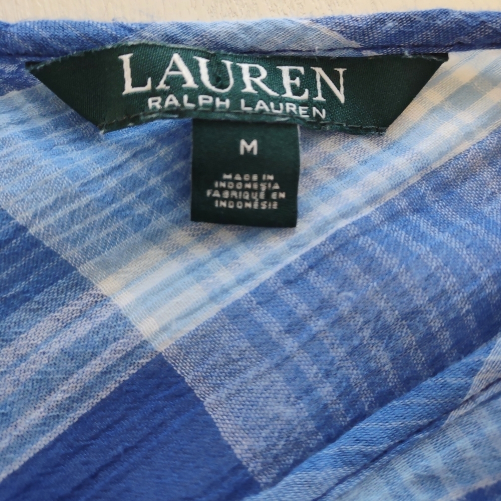 Lauren Ralph Lauren 100% Cotton Bell Sleeved Light Blue Plaid Blouse Size M - Picture 7 of 10